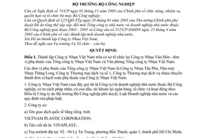 Quyết định 72/2003/QĐ-BCN thành lập Công ty Nhựa Việt Nam