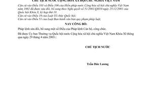Lệnh công bố pháp lệnh bổ sung Pháp lệnh Cán bộ, công chức của ủy ban thường vụ quốc hội 11/2003/L-CTN