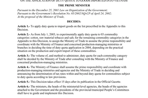 Decision No. 91/2003/QD-TTg of May 9, 2003, on the application of duty quota to goods imported into Vietnam