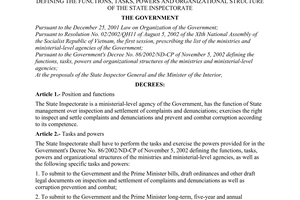 Decree No. 46/2003/ND-CP of  May 9, 2003, defining the functions, tasks, powers and organizational structure of the state inspectorate