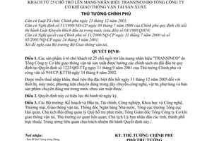 Quyết định 493/2003/QĐ-TTg chính sách hỗ trợ phát triển sản phẩm ô tô chở khách từ 25 chỗ trở lên mang nhãn hiệu TRANSINCO