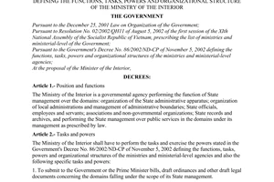Decree No. 45/2003/ND-CP of May 9, 2003, defining the functions, tasks, powers and organizational structure of the Ministry of the Interior