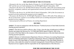 Decision No. 457/2003/QD-NHNN of May 12, 2003, promulgating the technical process of inter-bank electronic clearing operations