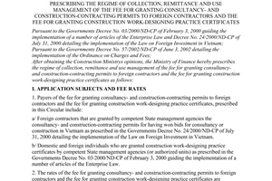 Circular No. 43/2003/TT-BTC of May 13, 2003, prescribing the regime of collection, remittance and use management of the fee for granting consultancy- and construction-contracting permits to foreign contractors and the fee for granting construction work-designing practice certificates