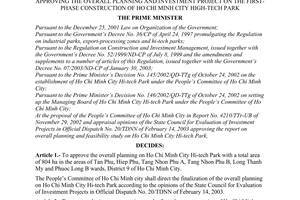 Decision No. 95/2003/QD-TTg of May 13, 2003, approving the overall planning and investment project on the first-phase construction of Ho Chi Minh City High-Tech Park