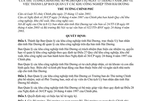 Quyết định 96/2003/QĐ-TTg thành lập Ban quản lý khu công nghiệp tỉnh Hải Dương