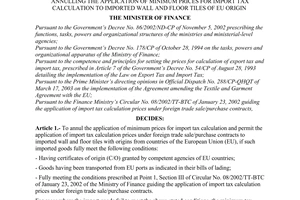 Decision No. 68/2003/QD-BTC of May 14, 2003, annulling the application of minimum prices for import tax calculation to imported wall and floor tiles of eu origin