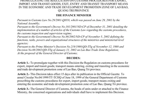 Decision No. 69/2003/QD-BTC of May 14, 2003, promulgating the regulation on customs procedures for export, import and transit goods; exit, entry and transit transport means in the economic and trade development promotion zone of Lao Bao, Quang Tri province