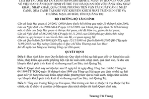 Quyết định 69/2003/QĐ-BTC thủ tục hải quan đối với hàng hoá phương tiện vận tải xuất nhập khẩu quá cảnh tại  Lao Bảo tỉnh Quảng Trị