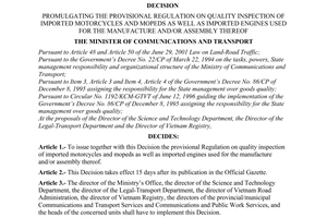 Decision No. 1378/2003/QD-BGTVT of May 15, 2003, promulgating the provisional regulation on quality inspection of imported motorcycles and mopeds as well as imported engines used for the manufacture and/or assembly thereof