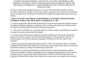 Circular No. 06/2003/TT-BYT of May 15, 2003, guiding the management and use of vaccines and medical bio-products without Circulation registration numbers, which are provided as emergency aid or imported into Vietnam for use in special cases