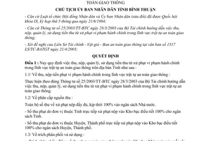 Quyết định 34/2003/QĐ-UBBT sử dụng tiền thu từ xử phạt giao thông Bình Thuận