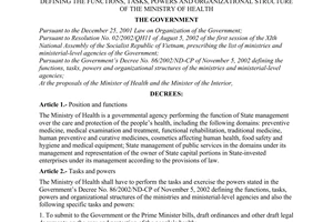 Decree No. 49/2003/ND-CP of May 15, 2003, defining the functions, tasks, powers and organizational structure of the Ministry of Health