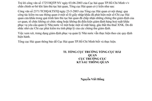 Công văn 2728/TCHQ-KTSTQ trả lời công văn 1725/HQTP.NV-03/6/2003