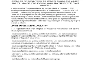 Circular No. 16/2003/TT-BLDTBXH of June 03, 2003, guiding the implementation of the regime of working time and rest time for laborers doing seasonal jobs or processing export goods on orders