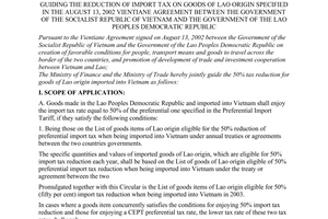 Joint circular No. 54/2003/TTLT/BTC-BTM of June 03, 2003, guiding the reduction of import tax on goods of lao origin specified in the August 13, 2002 Vientiane agreement between the Government of the Socialist Republic of Vietnam and the Government of the Lao peoples Democratic Republic
