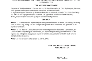 Decision No. 0665/2003/QD-BTM of June 04, 2003, on granting visas for textiles and garments to be exported to the united states