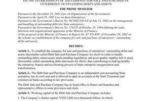 Decision No. 109/2003/QD-TTg of June 05, 2003, on the establishment of the company for sale and purchase of enterprises outstanding debts and assets