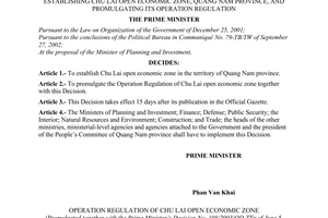 Decision No. 108/2003/QD-TTg of June 05, 2003, establishing Chu Lai open economic zone, Quang Nam province, and promulgating its operation regulation