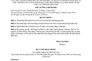 Quyết định 108/2003/QĐ-TTg  lập ban hành Quy chế hoạt động Khu kinh tế mở Chu Lai, tỉnh Quảng Nam