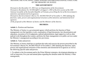 Decree No. 62/2003/ND-CP of June 06, 2003, defining the functions, tasks, powers and organizational structure of the Ministry of Justice