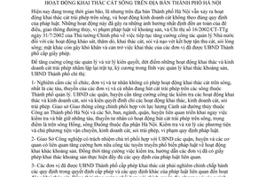 Chỉ thị 20/2003/CT-UB tăng cường quản lý xử lý dứt điểm vi phạm hoạt động khai thác cát sông địa bàn Hà Nội