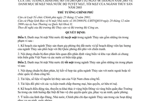Quyết định 110/2003/QĐ-TTg Danh mục bí mật nhà nước cấp độ tuyệt tối mật của ngành thuỷ sản