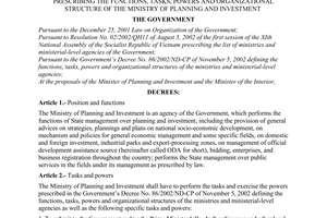 Decree No. 61/2003/ND-CP of June 06, 2003, prescribing the functions, tasks, powers and organizational structure of the Ministry of Planning and Investment