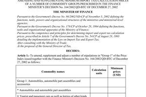 Decision No. 80/2003/QD-BTC of June 09, 2003, amending and supplementing minimum import tax calculation prices of a number of commodity groups prescribed in the Finance Ministers Decision No. 164/2002/QD-BTC of December 27, 2002