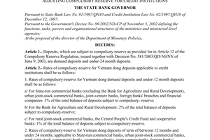 Decision No. 582/2003/QD-NHNN of June 09, 2003, adjusting compulsory reserve for credit institutions