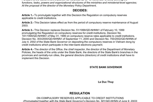 Decision No. 581/2003/QD-NHNN of June 09, 2003, on the issuance of the regulation on reserve requirement of credit institutions