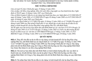 Quyết định 626/2003/QĐ-TTg đổi chủ đầu tư thực hiện đầu tư xây dựng mở rộng Dự án đầu tư xây dựng kinh doanh kết cấu hạ tầng Khu CN Phú Tài Bình Định