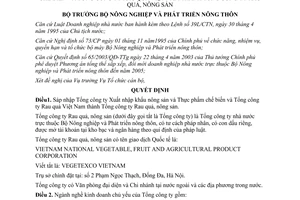 Quyết định 66/2003/QĐ/BNN-TCCB sáp nhập thành Tổng công ty Rau quả nông sản