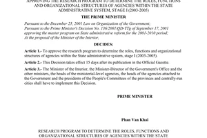 Decision No. 121/2003/QD-TTg of June 11, 2003, approving the research program to determine the roles, functions and organizational structures of agencies within the State administrative system, stage i (2003-2005)