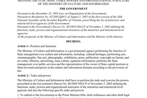 Decree No. 63/2003/ND-CP of June 11, 2003, defining the functions, tasks, powers and organizational structure of the Ministry of Culture and information