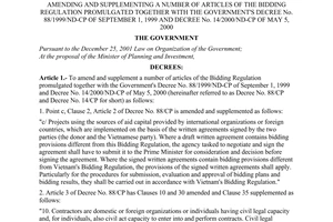 Decree No. 66/2003/ND-CP of June 12, 2003, amending and supplementing a number of articles of the bidding regulation promulgated together with the Government's Decree No. 88/1999/ND-CP of September 1, 1999 and Decree No. 14/2000/ND-CP of May 5, 2000