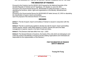 Decision No. 82/2003/QD-BTC of 13 June 2003, on the issuance of the list of export, import commodities of Vietnam