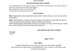 Quyết định 64/2000/QĐ-BCN mẫu trình bày văn bản của Bộ Công nghiệp