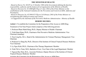 Decision No. 2011/QD- BYT of June 13, 2003, on the establishment of the committee for the preparation of the access to AIDS drug treatment in Vietnam Project