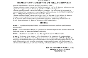 Decision No. 68/2003/QD-BNN of June 16, 2003, promulgating the list of fertilizers subject to quality standard announcement