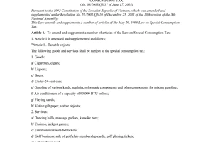 Law No. 08/2003/QH11 of June 17, 2003, amending and supplementing a number of articles of the law on special consumption tax