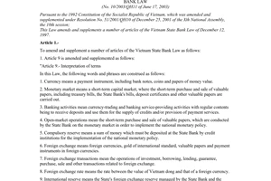 Law No. 10/2003/QH11 of June 17, 2003, amending and supplementing a number of articles of the Vietnam State Bank Law