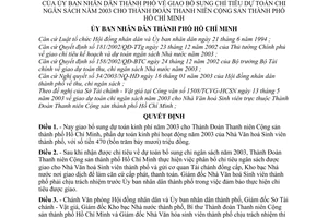 Quyết định 98/2003/QĐ-UB giao bổ sung chỉ tiêu dự toán chi ngân sách năm 2003 cho Thành Đoàn Thanh niên Cộng sản thành phố Hồ Chí Minh