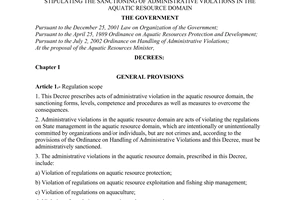Decree No. 70/2003/ND-CP of June 17, 2003, stipulating the sanctioning of administrative violations in the aquatic resource domain
