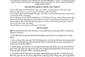 Quyết định 105/2003/QĐ-BBCVT  cước dịch vụ truy nhập Internet băng rộng ADSL