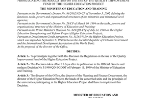 Decision No. 29/2003/QD-BGDDT of June 24, 2003, promulgating the regulation on the use of the quality improvement fund of the higher education project