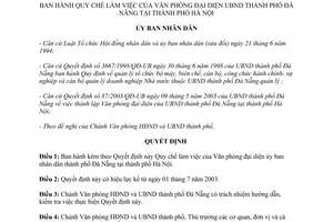 Quyết định 102/2003/QĐ-UB quy chế làm việc Văn phòng đại diện UBND Đà Nẵng