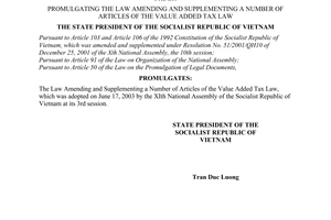 Order No. 16/2003/L-CTN of June 26, 2003, promulgating the law amending and supplementing a number of articles of the value added tax law