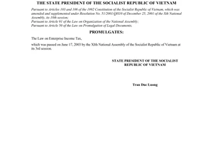 Order No. 18/2003/L-CTN of June 26, 2003, promulgating the law on enterprise income tax