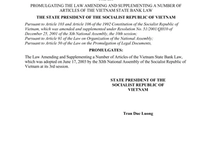 Order No. 19/2003/L-CTN of June 26, 2003, promulgating the law amending and supplementing a number of articles of the Vietnam State Bank Law